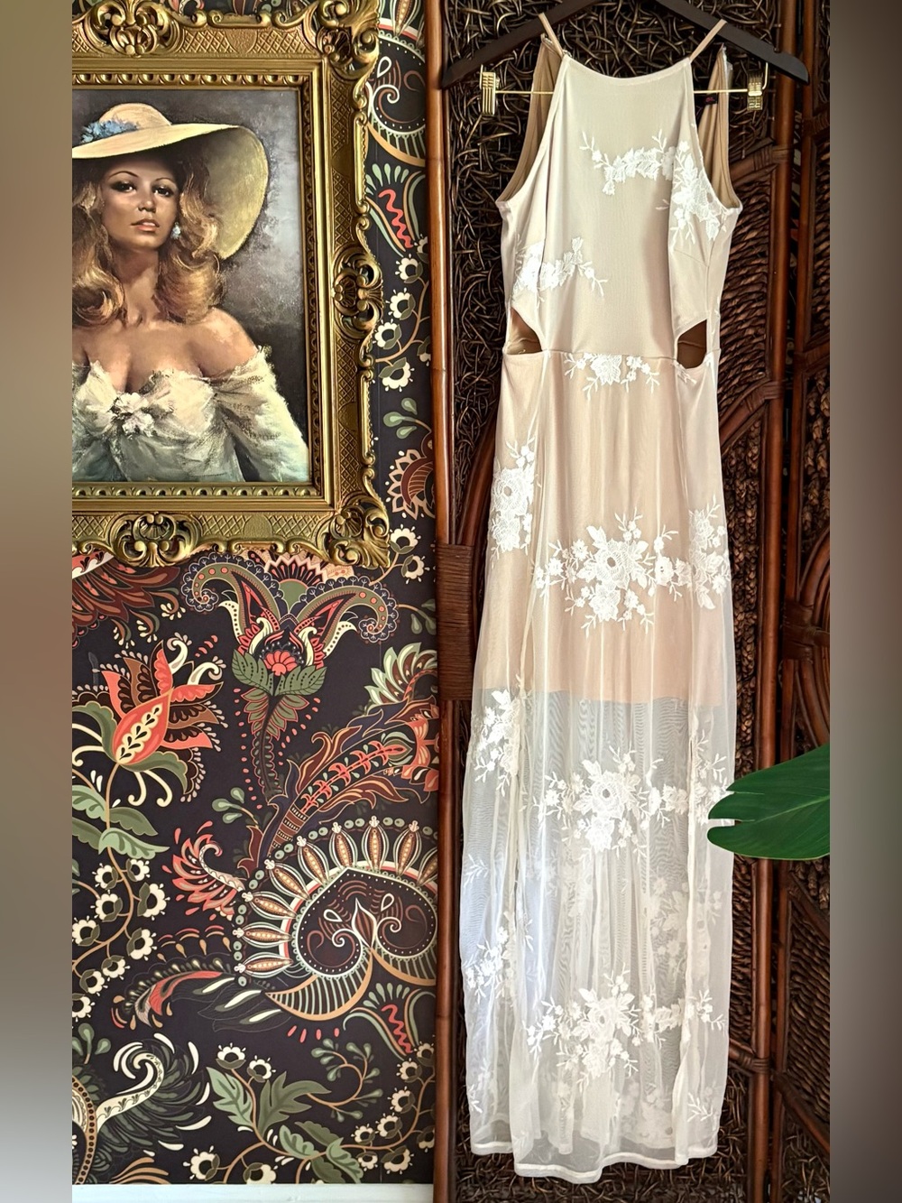 Material Girl Lace Maxi Dress Sheer Embroidered Boho Romantic Size S
